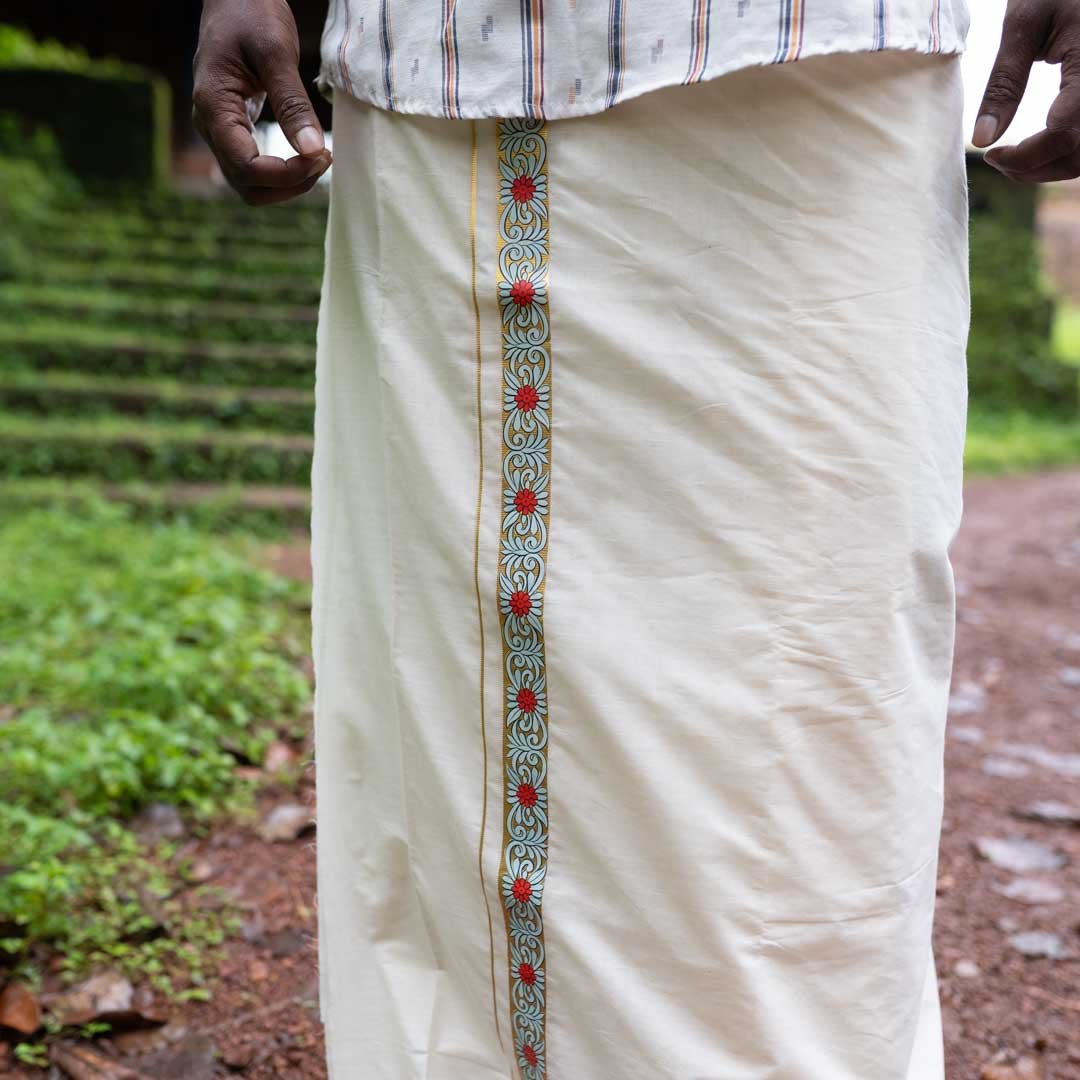 Golden Zari Kerala Cream Dhoti with Sticker from Kuthampully