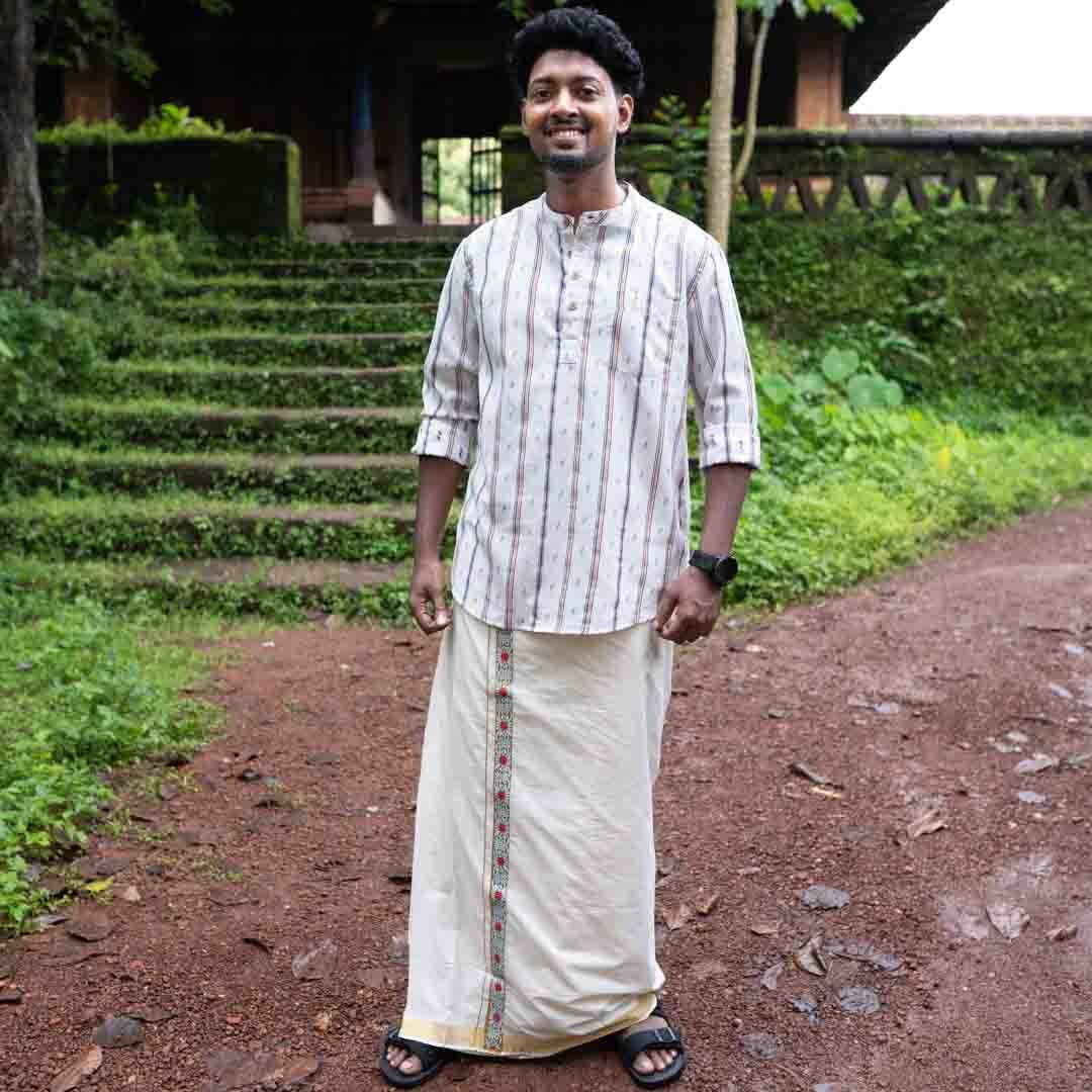 Golden Zari Kerala Cream Dhoti with Sticker from Kuthampully - Image 2