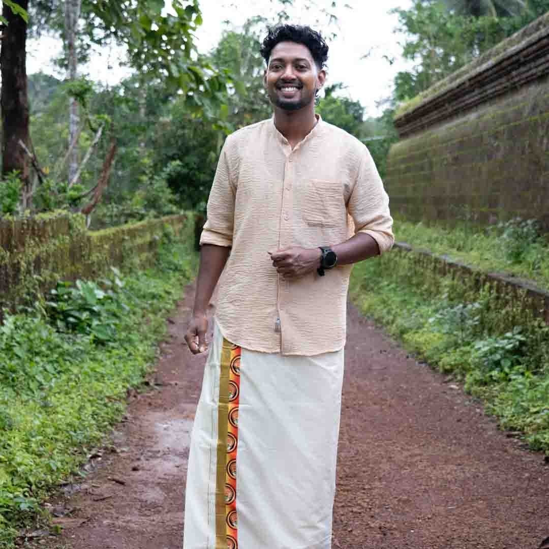 Golden Zari Kerala Cream Dhoti with Kathakali Sticker from Kuthampully - Image 2