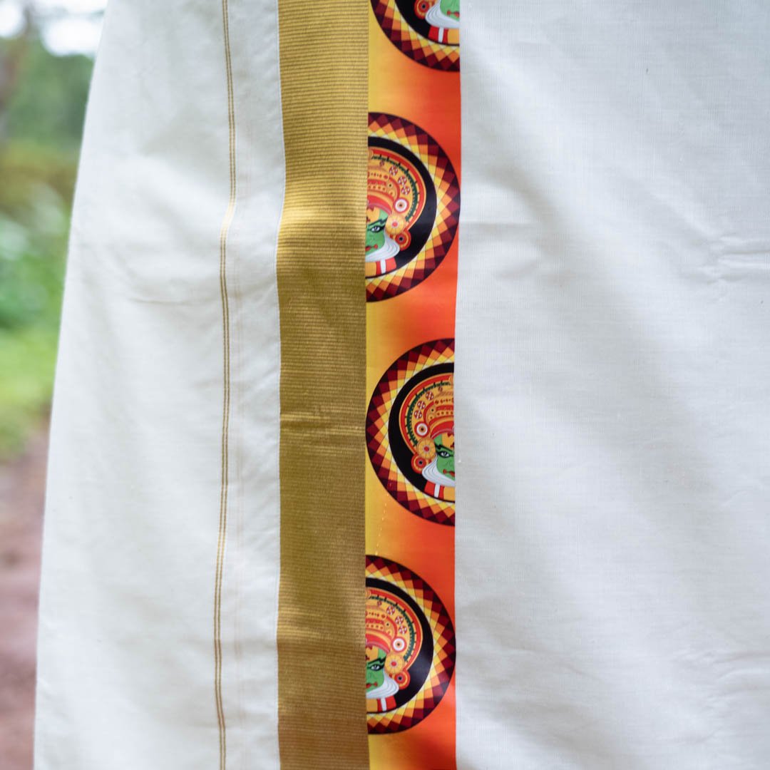 Golden Zari Kerala Cream Dhoti with Kathakali Sticker from Kuthampully