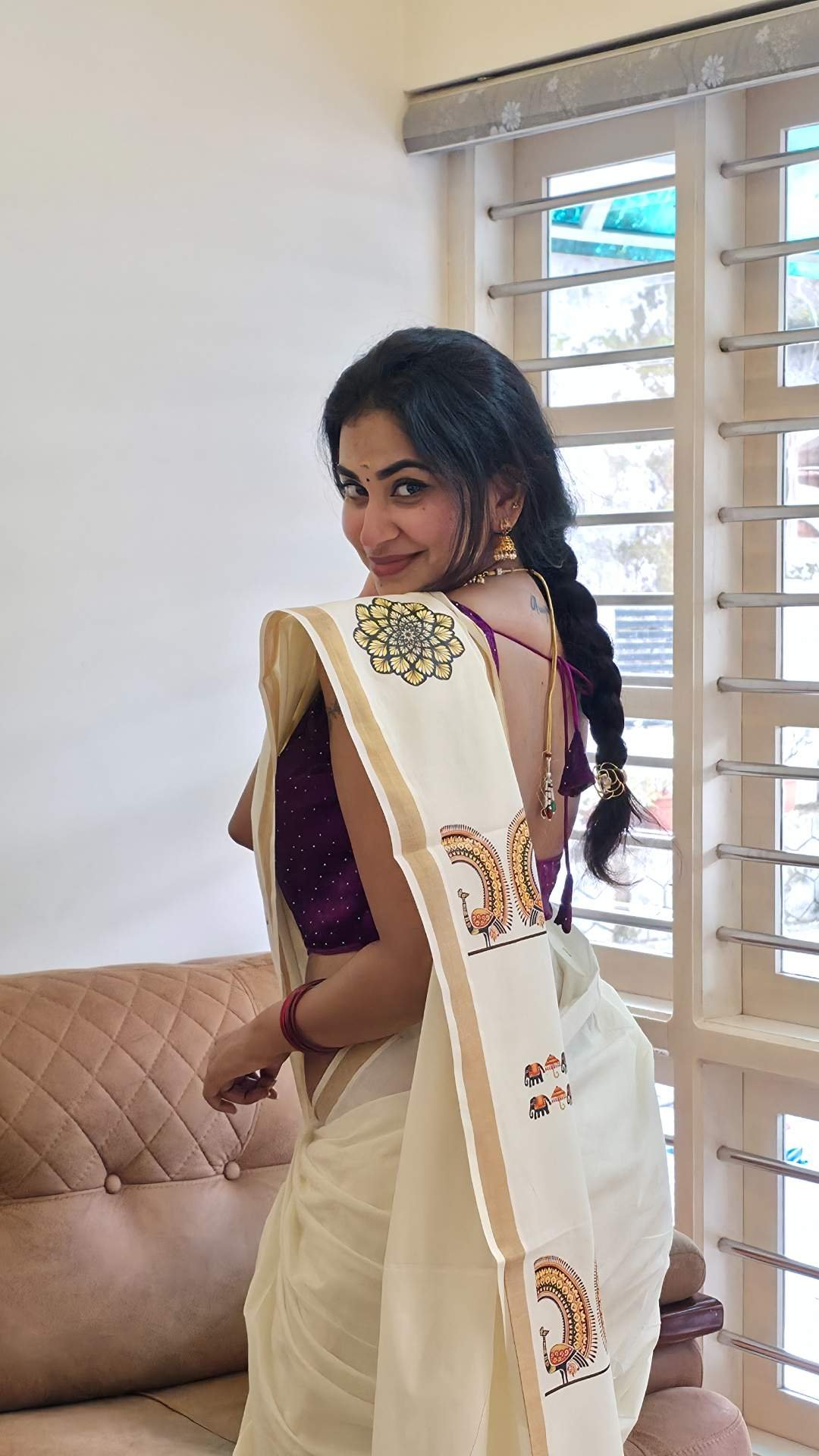 Onam Special Kerala Cotton Sticker Print Saree from Kuthampully - Image 2