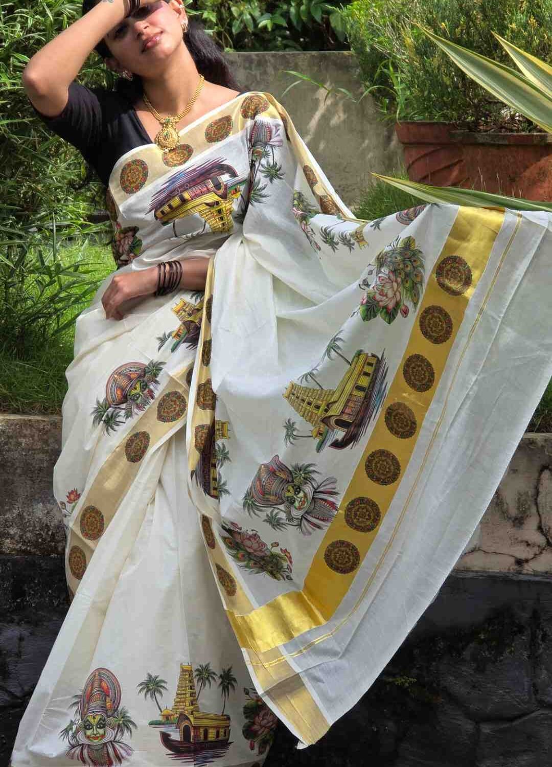 Onam Special Kerala Cotton Mural Print Saree from Kuthampully
