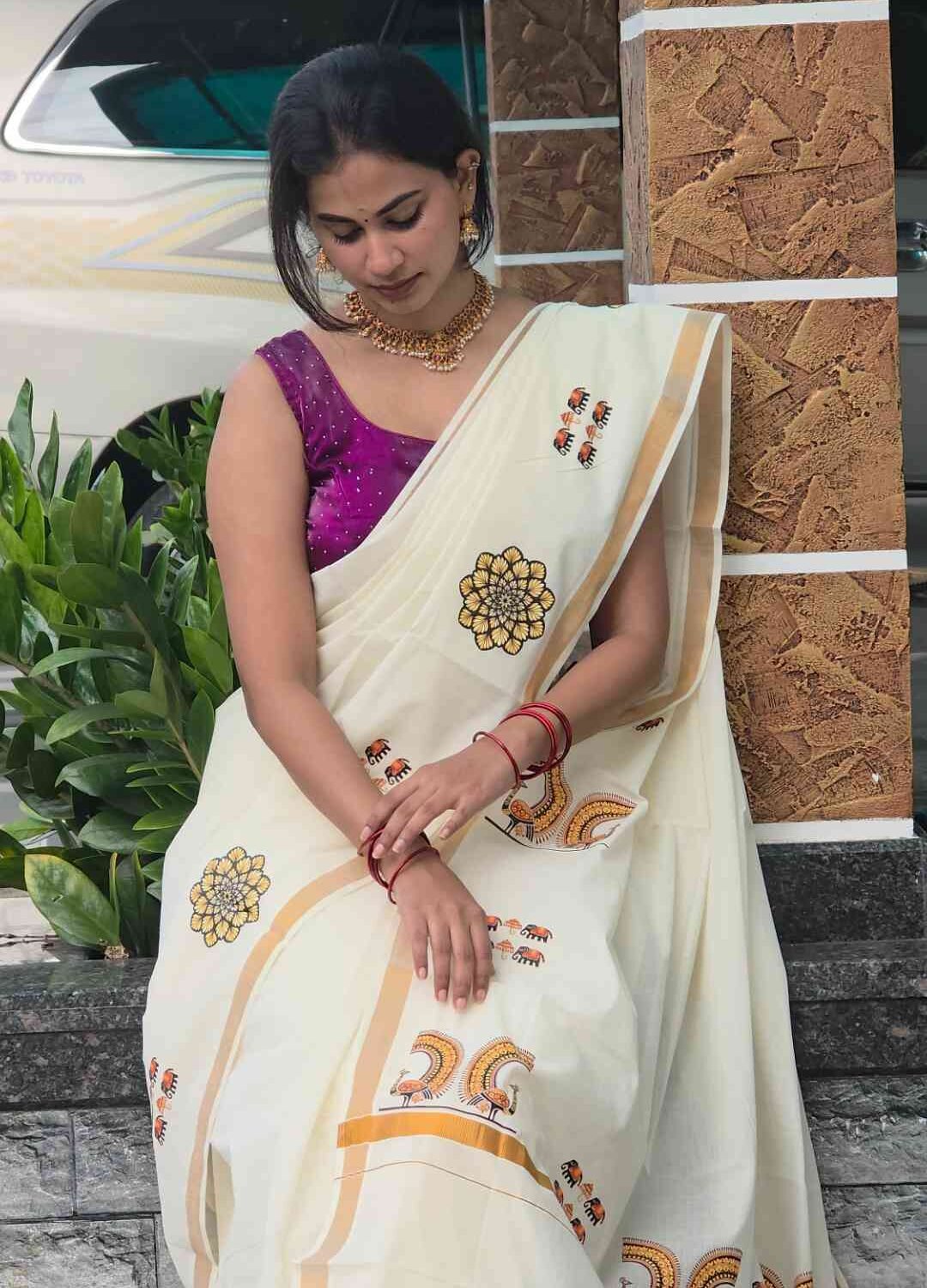 Onam Special Kerala Cotton Sticker Print Saree from Kuthampully