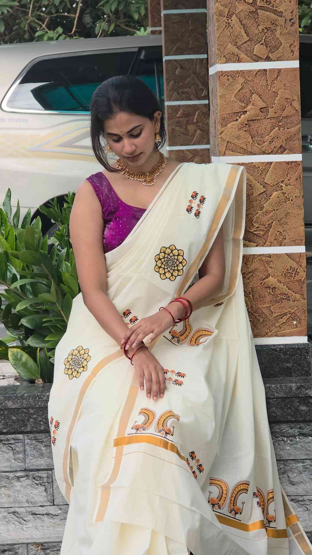 Onam Special Kerala Cotton Sticker Print Saree from Kuthampully